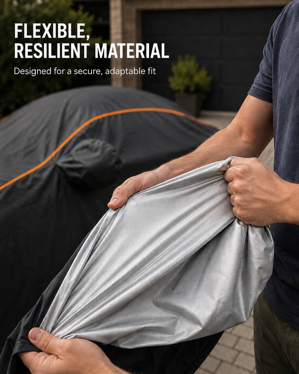 A person holding and stretching the flexible, resilient silver inner material of a black car cover to demonstrate its adaptable fit.