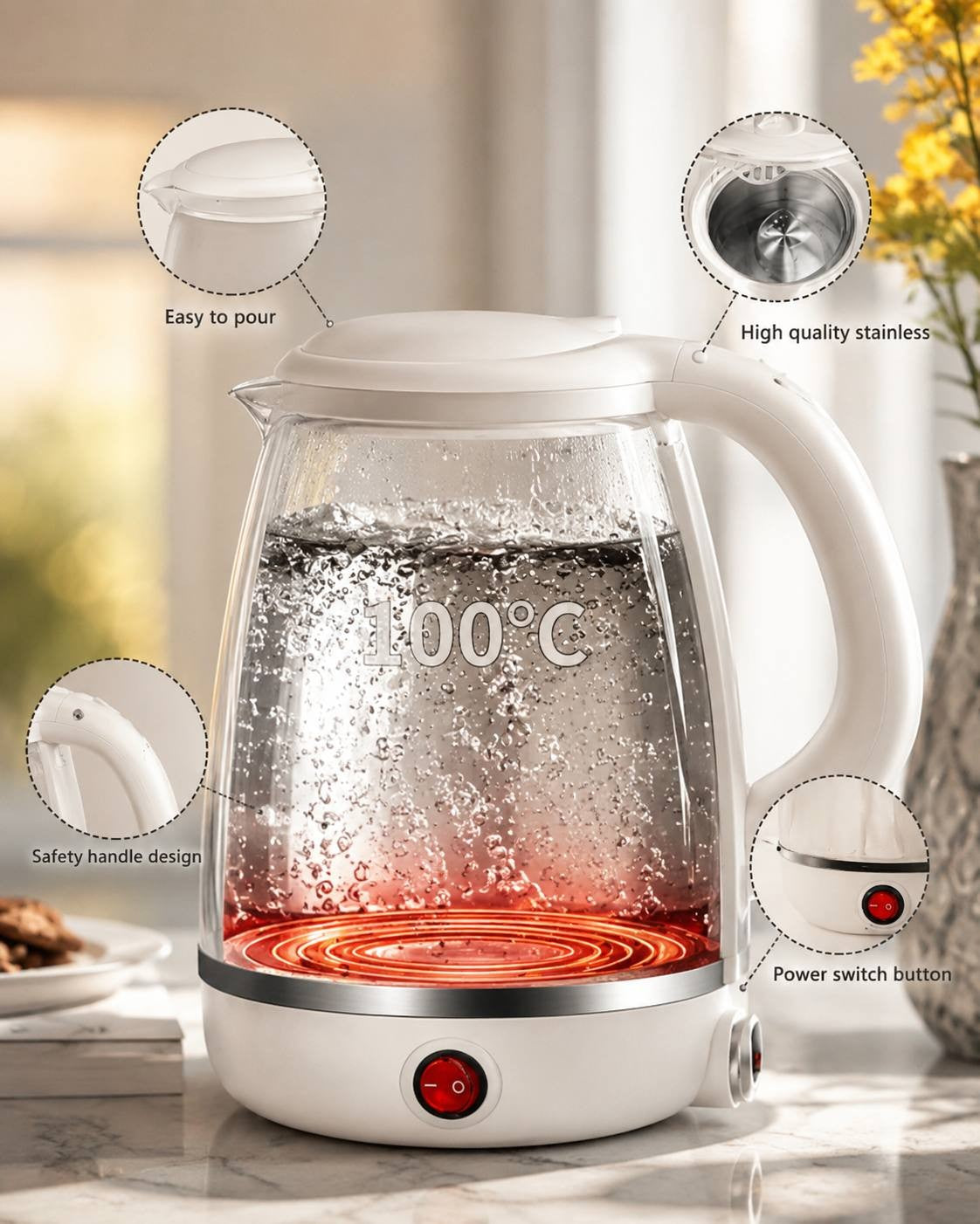 Cross-section view of the collapsible silicone travel kettle, showing the internal structure while boiling water at 100°C. Includes callout infographics for easy pouring, stainless steel interior, safety handle, and power switch.