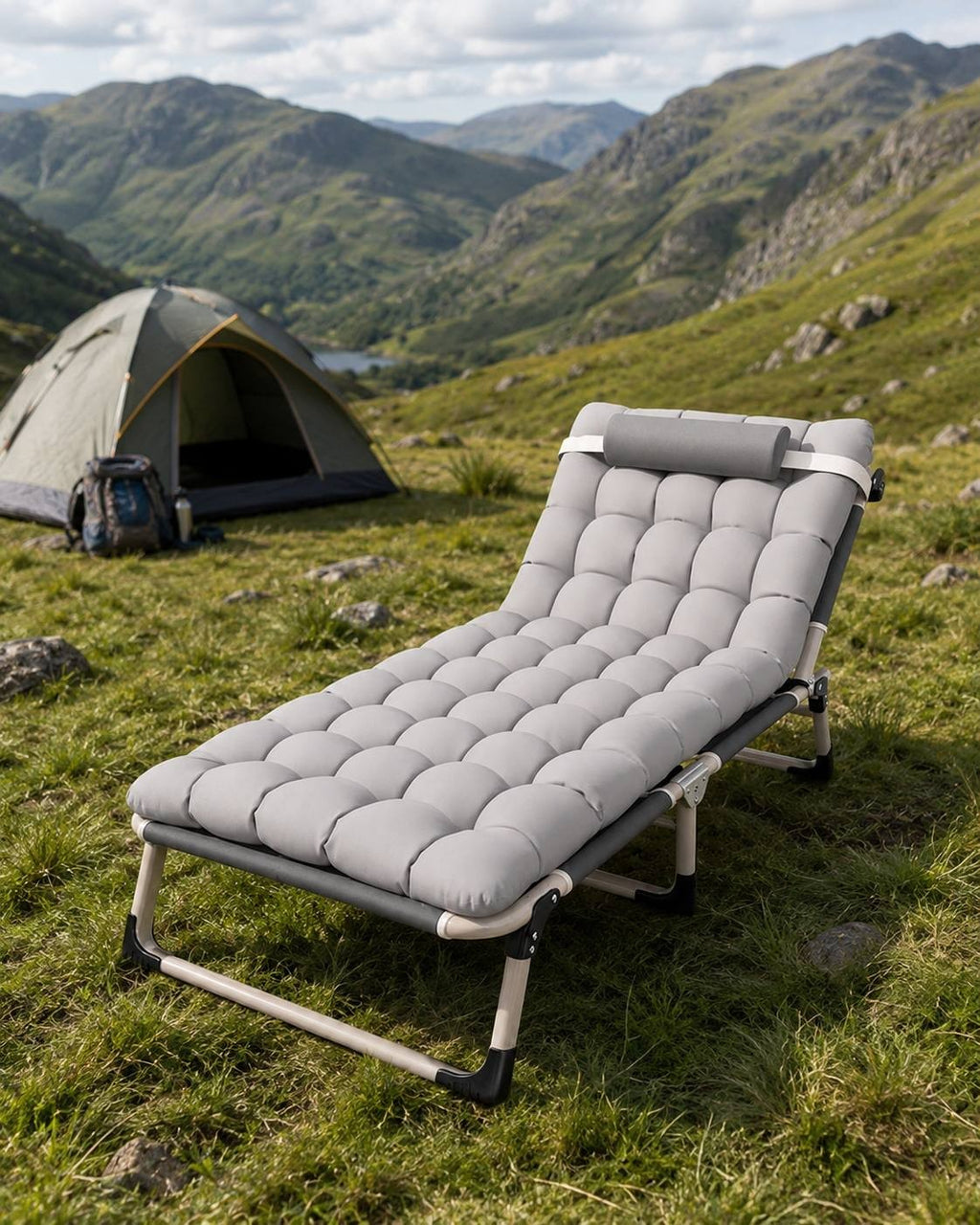 A grey folding camping bed with a soft quilted mattress and headrest set up on a grassy mountain landscape with a tent in the background.