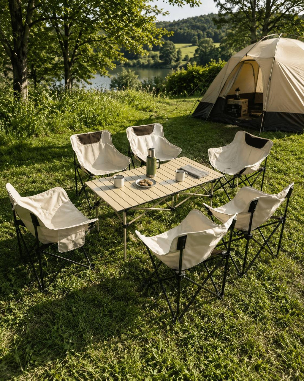 Foldable camping table surrounded by six beige folding chairs set up on grass near a lake and a camping tent.