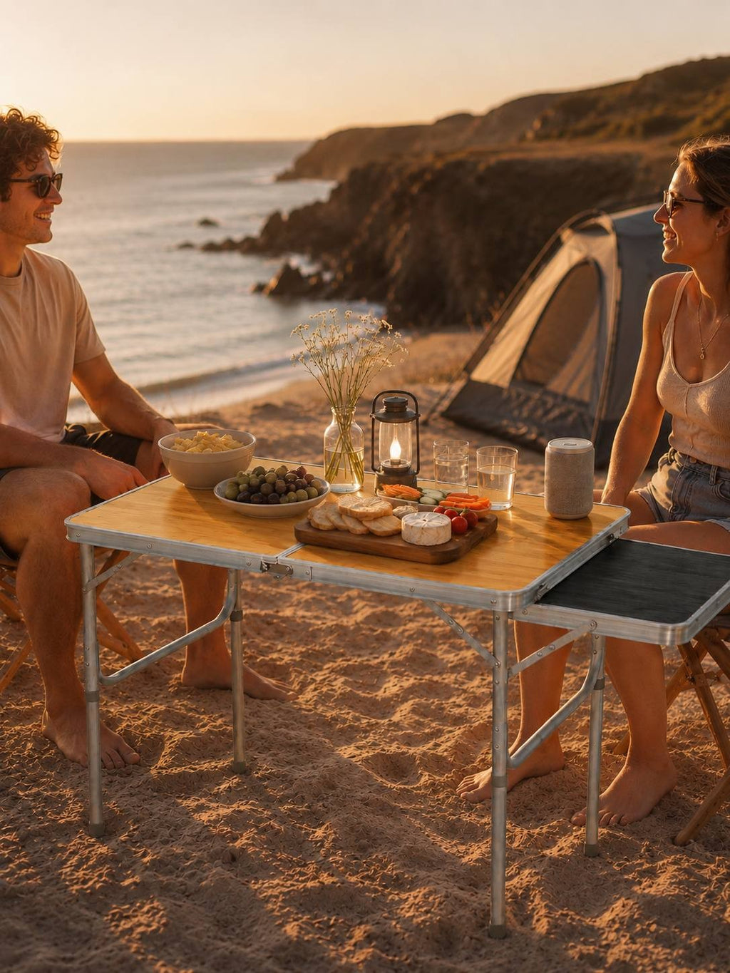 Couple sitting at a wooden folding camping table with snacks and a lantern on a sandy beach next to a tent at sunset.