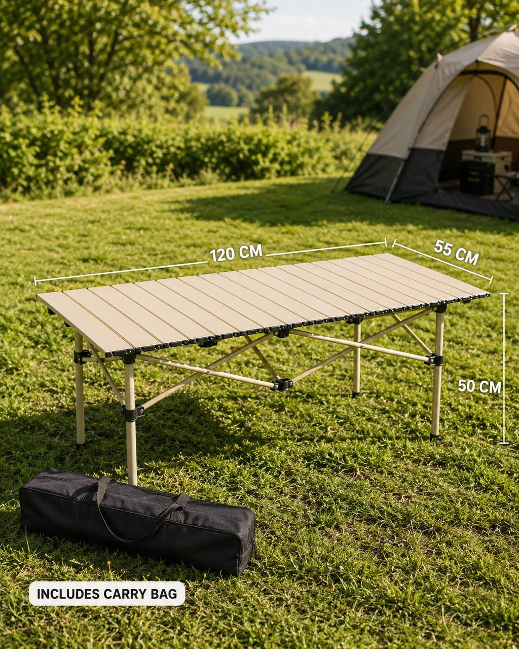 Foldable camping table showing dimensions of 120 cm length, 55 cm width, and 50 cm height, accompanied by a black carry bag on grass.