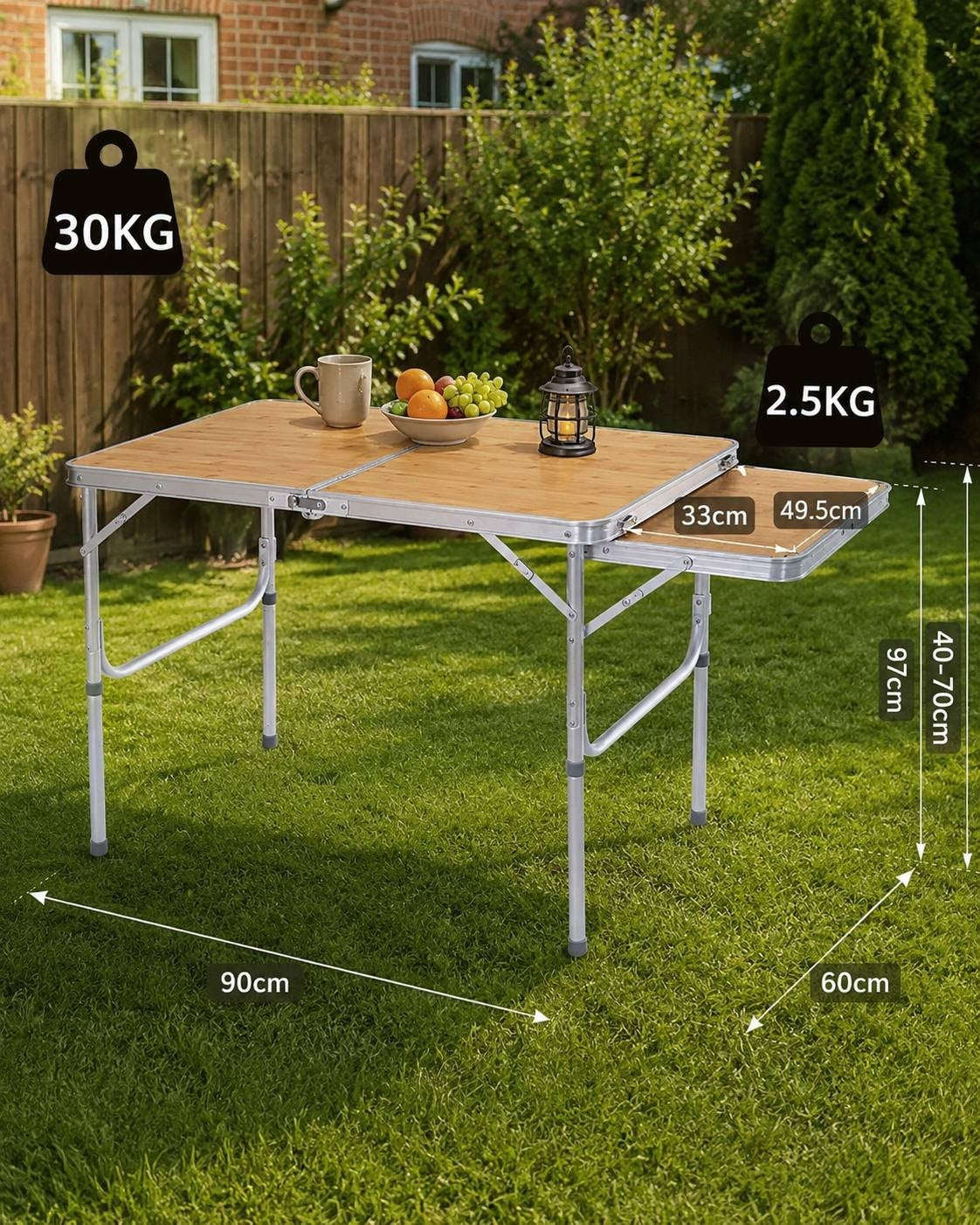 Infographic displaying the dimensions (90 cm length, 60 cm width, adjustable height 40-70 cm) and weight limits of a folding camping table set up in a garden.