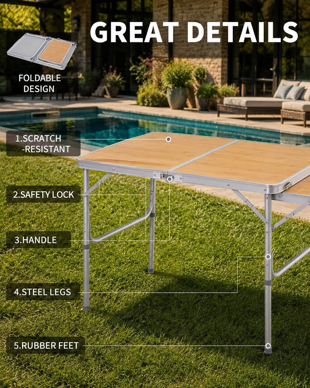 Infographic highlighting the design features, scratch-resistant surface, safety lock, and steel legs of a folding camping table near a swimming pool.