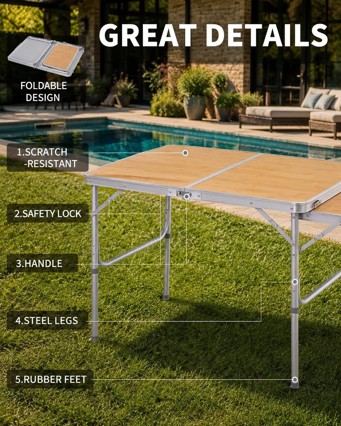 Infographic highlighting the design features, scratch-resistant surface, safety lock, and steel legs of a folding camping table near a swimming pool.