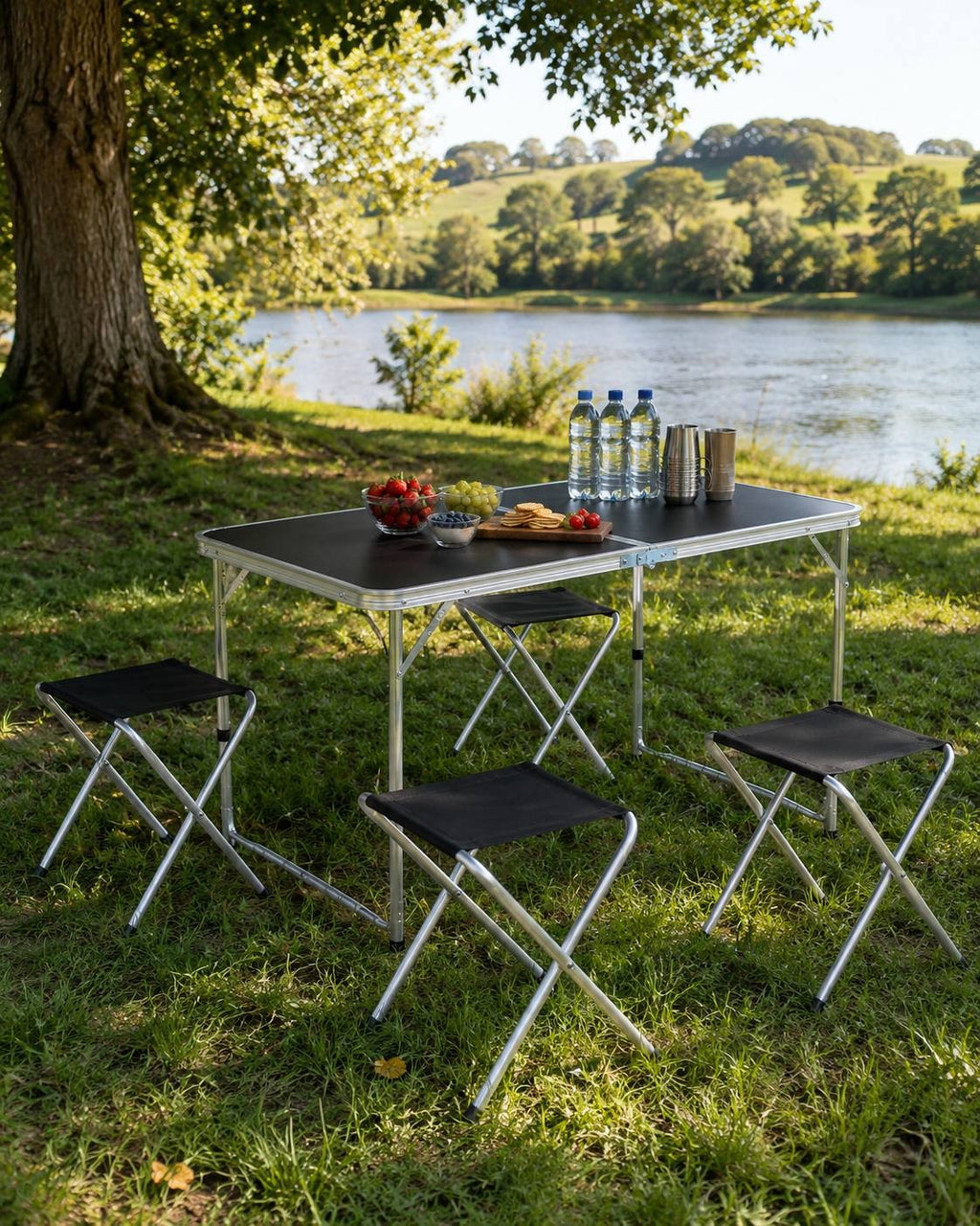 Folding camping table with four matching black stools set up on a grassy riverbank on a sunny day, with food and water bottles on top.