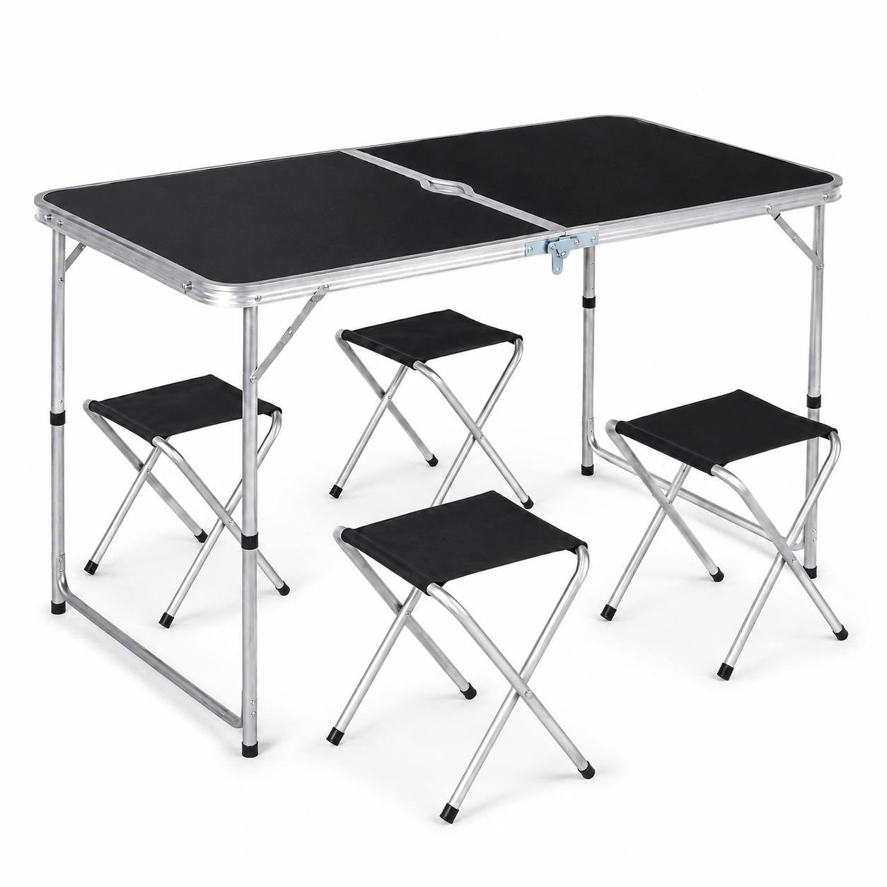 Folding camping table with a black top and aluminum frame, accompanied by four folding black stools, isolated on a white background.
