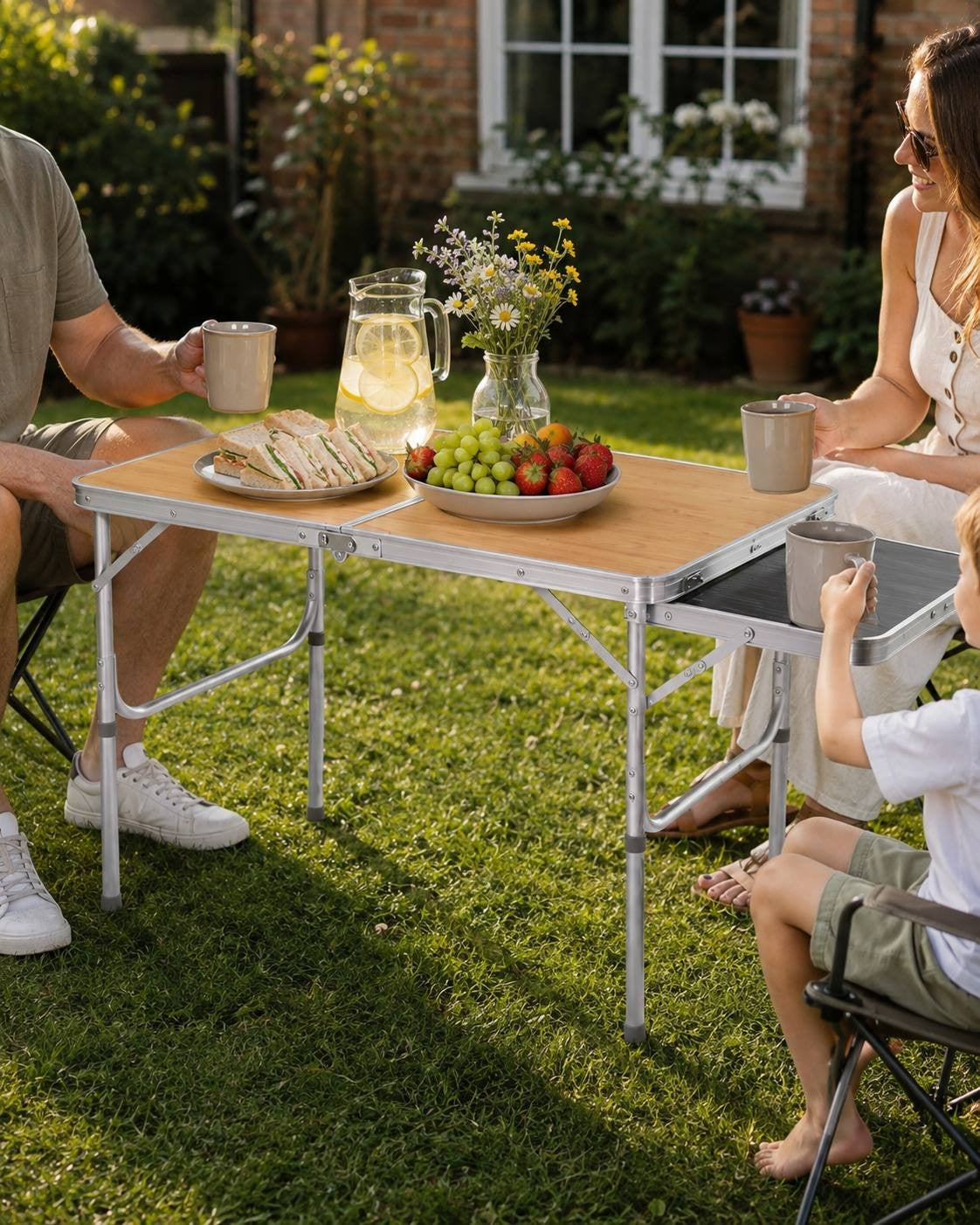 Family with a child sitting around a wooden folding camping table with sandwiches and fresh fruit in a green garden.