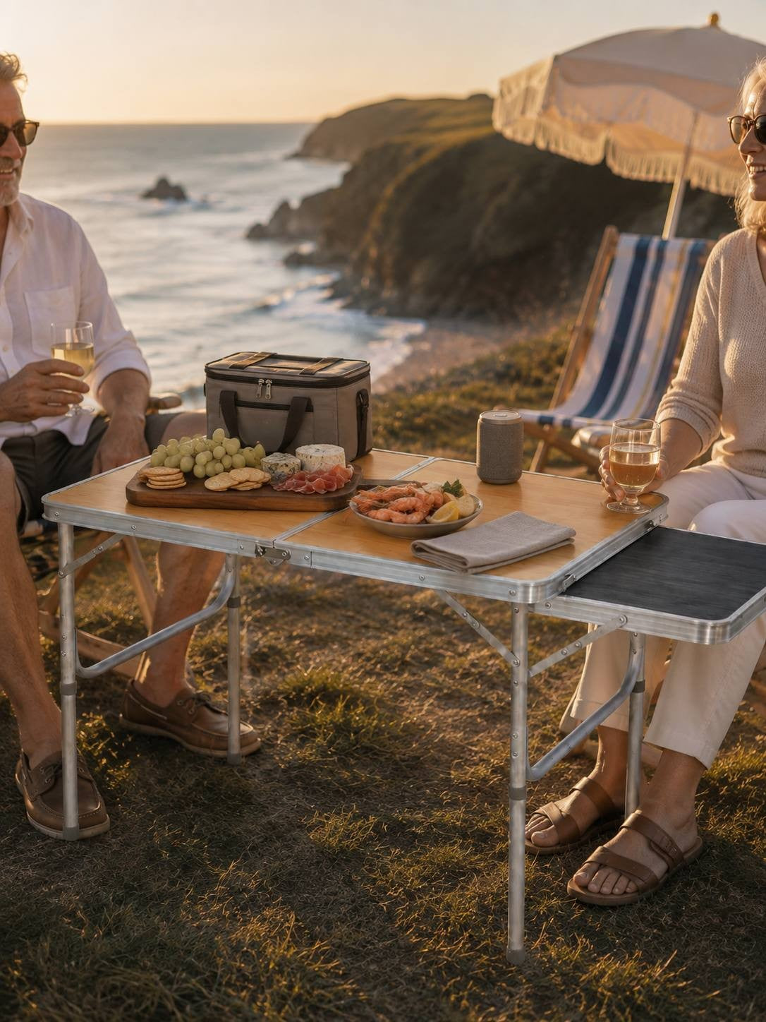 Couple having a picnic with food and wine glasses at a folding camping table set up on a grassy cliff overlooking the sea at sunset.