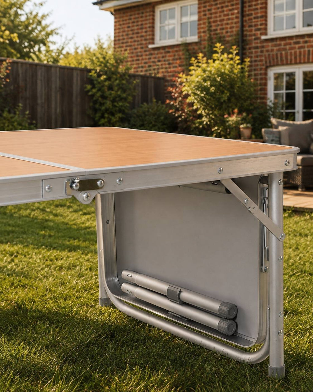Close-up view of the folded aluminum table leg and locking mechanism underneath the wooden surface of a camping table outdoors.