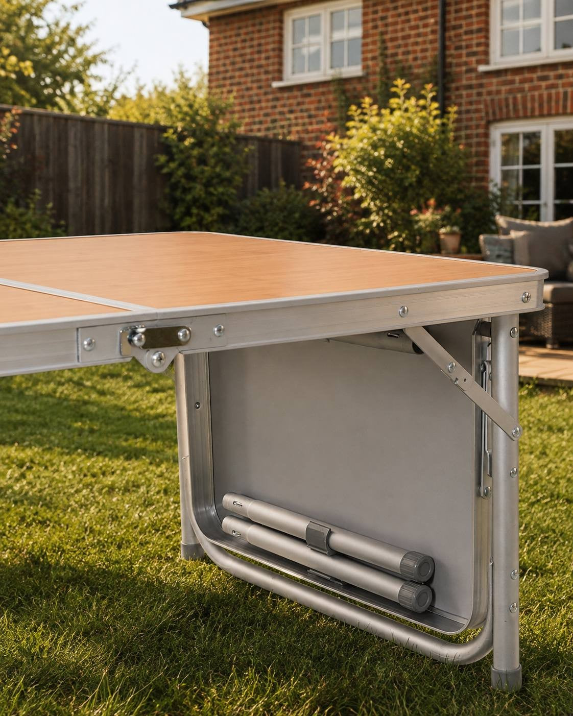 Close-up view of the folded aluminum table leg and locking mechanism underneath the wooden surface of a camping table outdoors.
