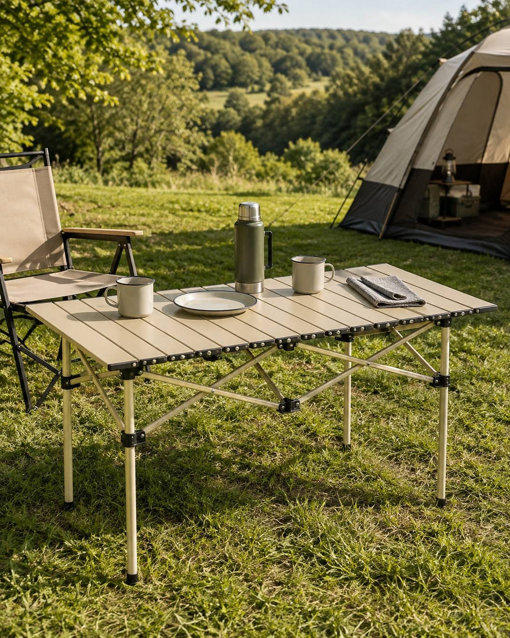 Foldable camping table set up on grass in a scenic natural environment, featuring enamel mugs, a plate, a thermos, and a tent in the background.