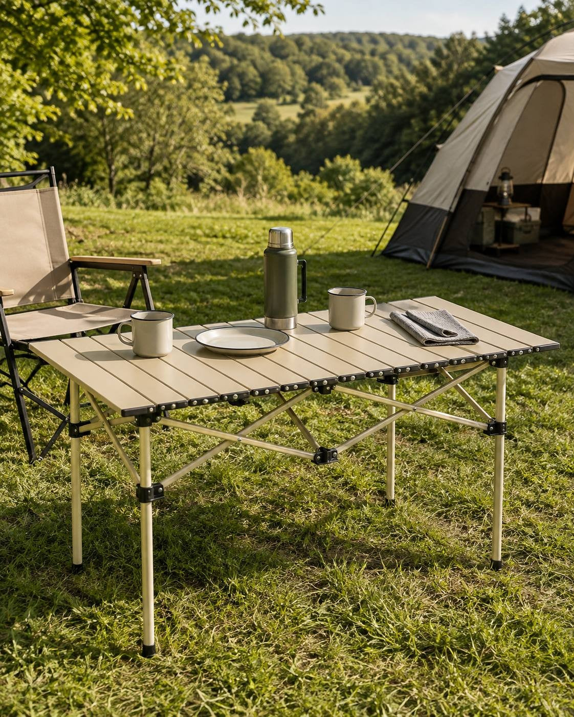 Foldable camping table set up on grass in a scenic natural environment, featuring enamel mugs, a plate, a thermos, and a tent in the background.