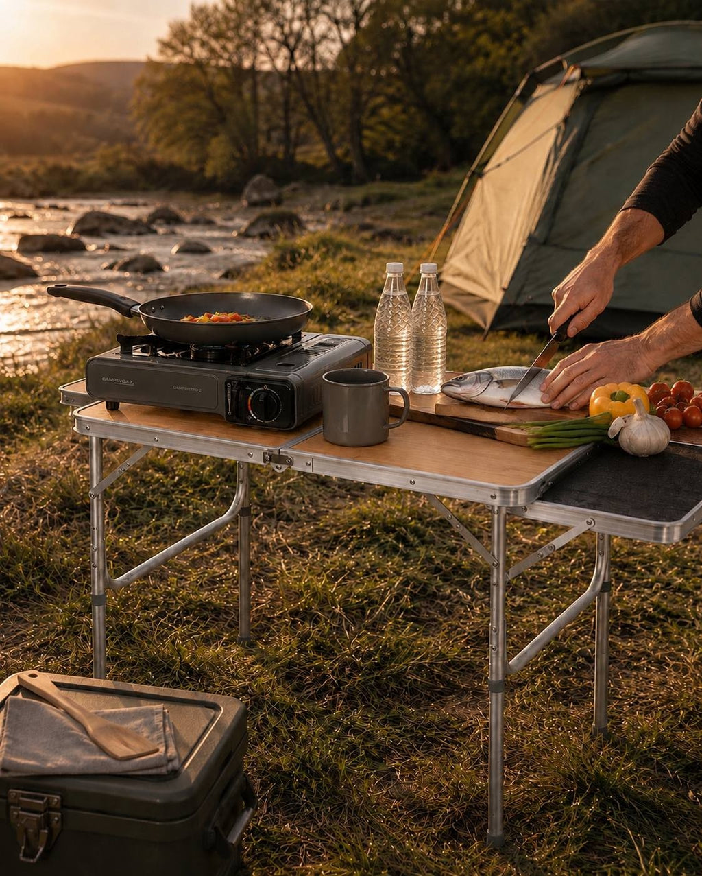 Person preparing food with a portable camp stove and cutting fish on a folding camping table set up near a river and a tent.
