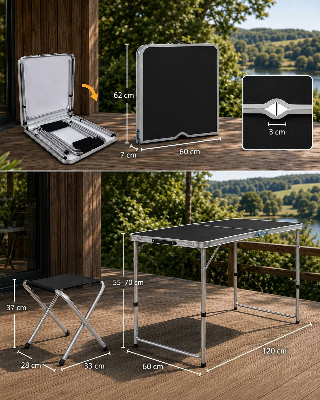 Infographic showing dimensions of the folding camping table (120x60 cm, height 55-70 cm), folded suitcase size (62x60x7 cm), and a stool (33x28x37 cm).