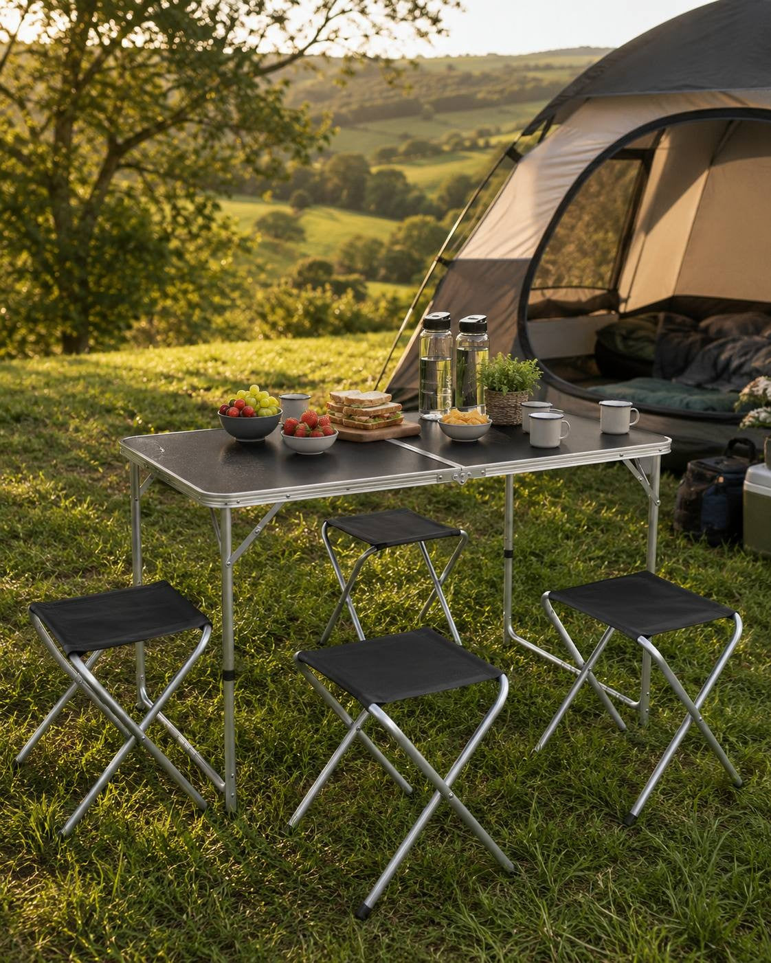 Folding camping table and four stools arranged on the grass in front of a tent at a campsite with a scenic hill background.