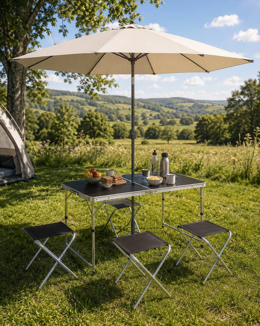 Folding camping table with a beige sun umbrella inserted in the center hole, surrounded by four stools on a grassy field with trees and hills.