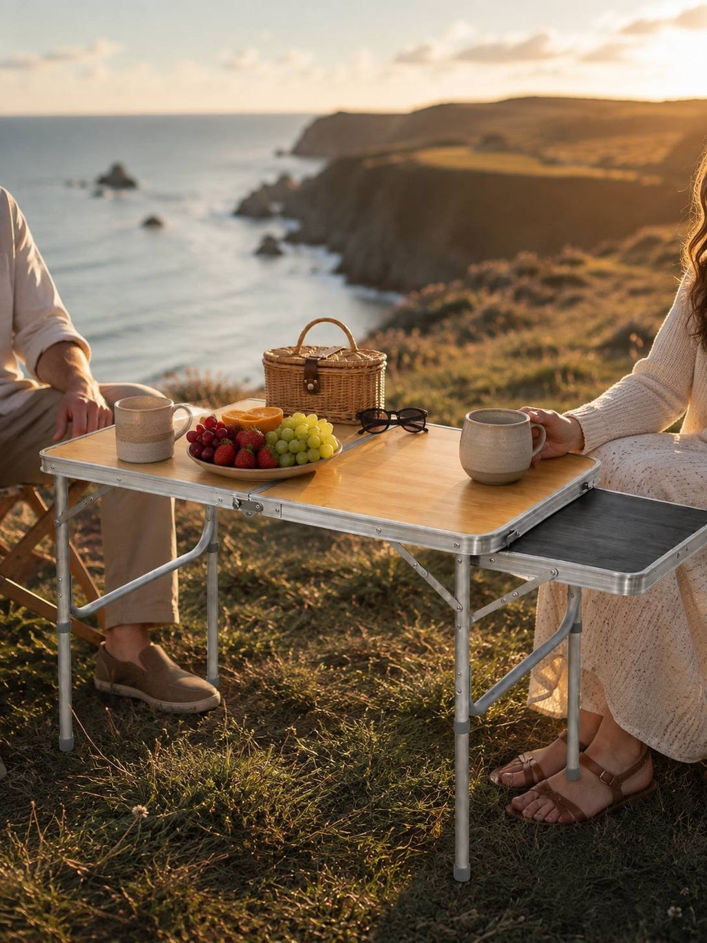 Couple sitting at a folding camping table with mugs and a fruit bowl, with a small wicker picnic basket, overlooking the ocean.