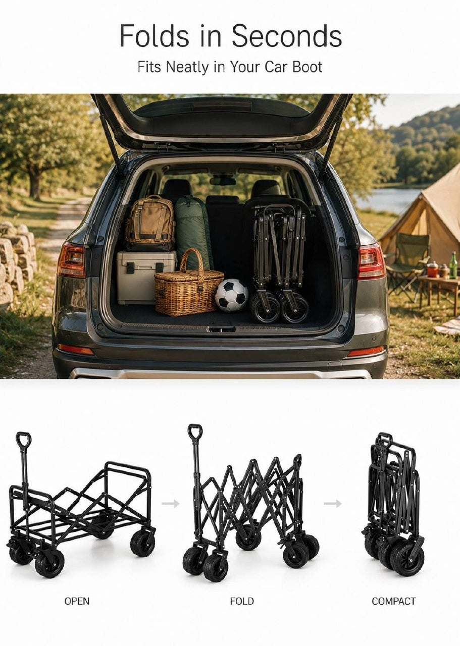 Infographic showing the car boot storage and a three-step transformation process of a folding garden utility wagon from open to compact folded state.