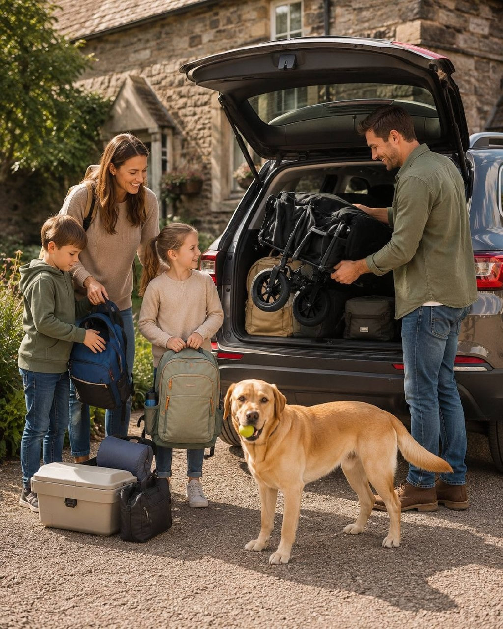 Man loading a folded black utility wagon into the trunk of an SUV while family members and a dog stand nearby.