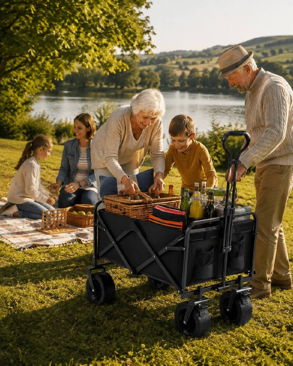 Multi-generation family enjoying a picnic by a lake with a black folding utility wagon loaded with baskets, bottles, and food.