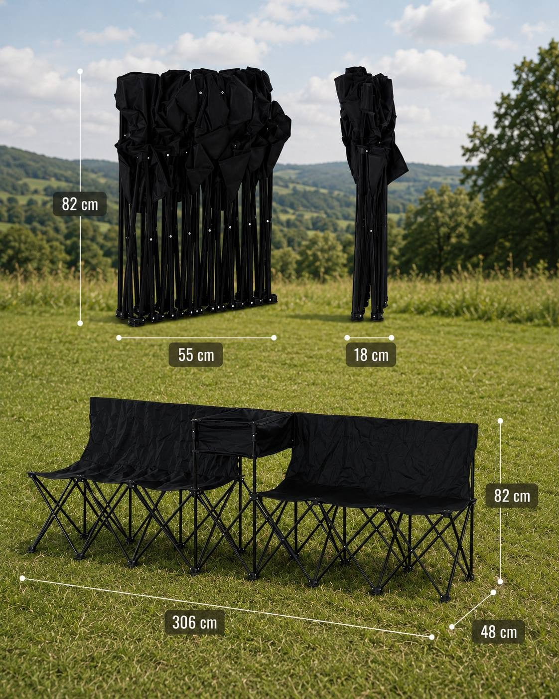 Infographic showing dimensions of black folding outdoor benches, including total length of 306 cm, height of 82 cm, seat depth of 48 cm, and folded sizes of 55x18x82 cm.