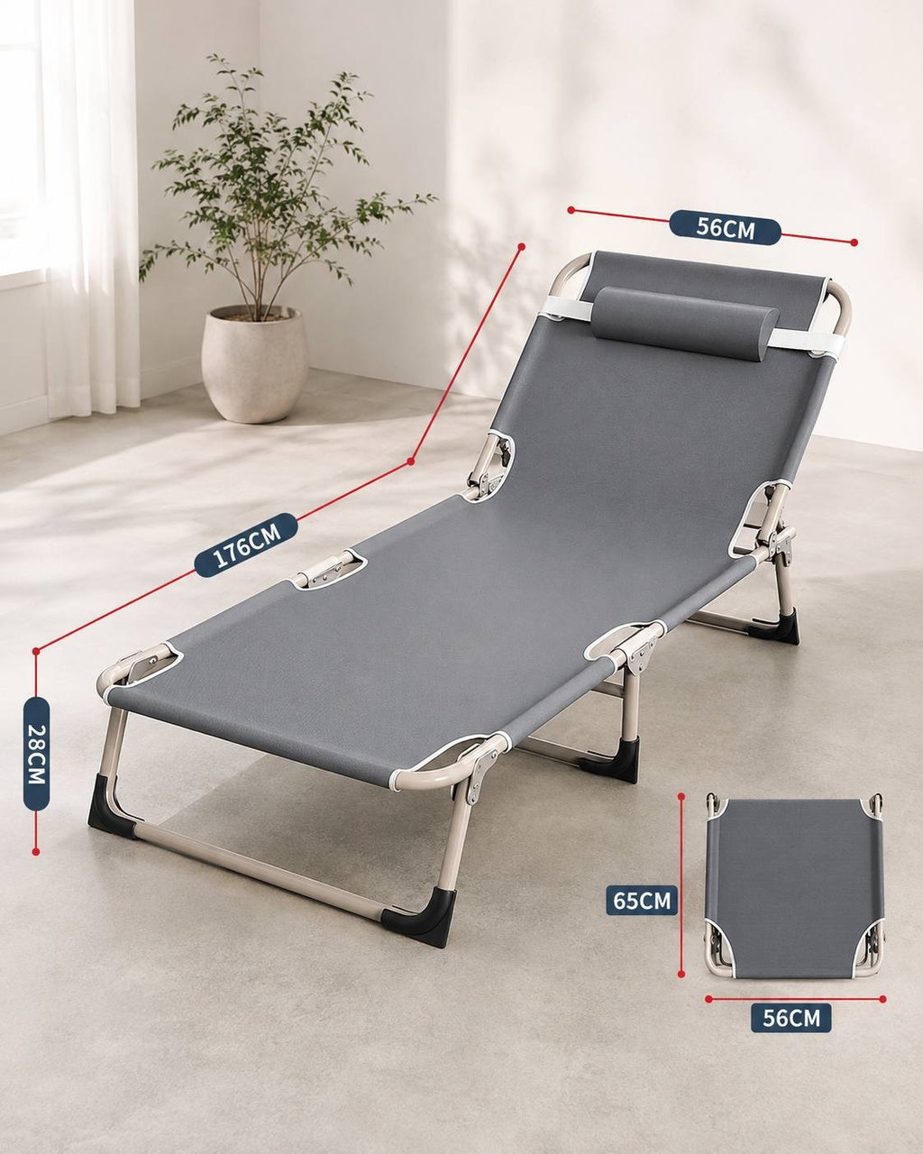 A diagram displaying the dimensions of the folding sun lounger, showing a length of 176 cm, width of 56 cm, height of 28 cm, and folded dimensions of 65 cm by 56 cm.