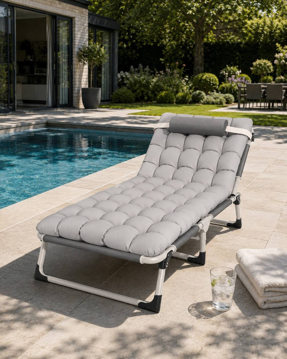 A grey folding sun lounger with a soft quilted mattress and headrest pillow placed on a tiled patio next to a swimming pool and modern house.