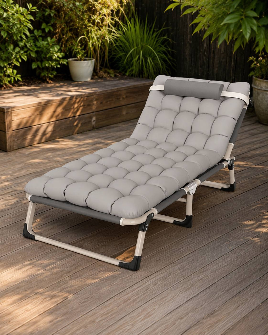 A grey folding lounger equipped with a thick, comfortable quilted mattress and a headrest pillow, placed on a wooden deck in a garden setting.