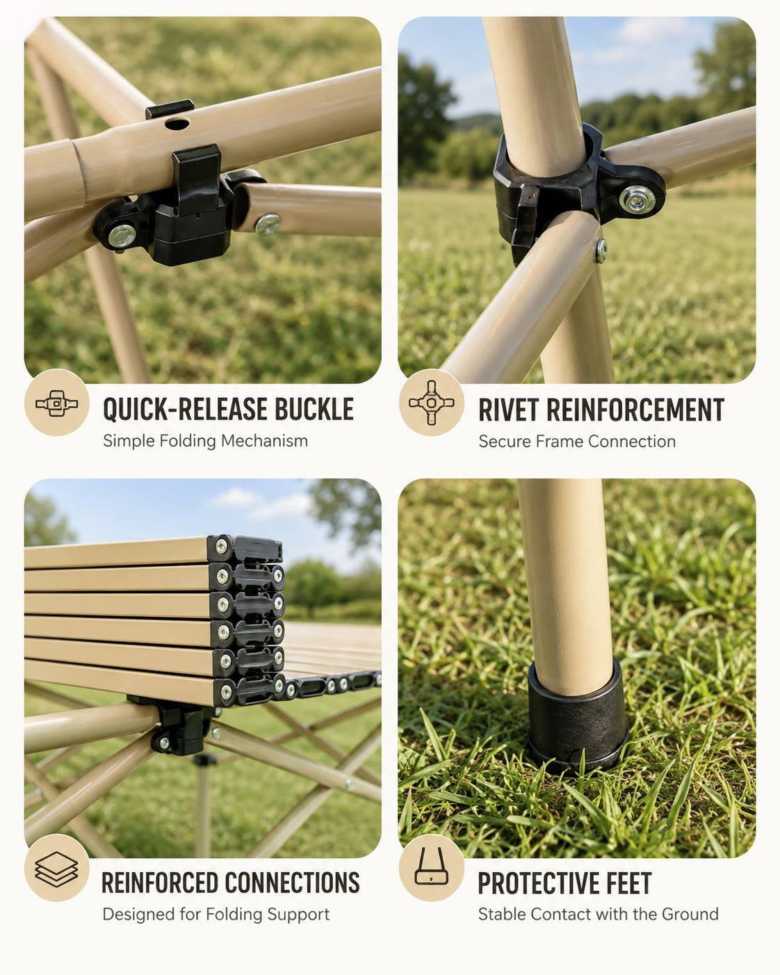Four-panel detail view of a folding camping table showcasing a quick-release buckle, rivet reinforcement, reinforced slat connections, and protective ground feet.