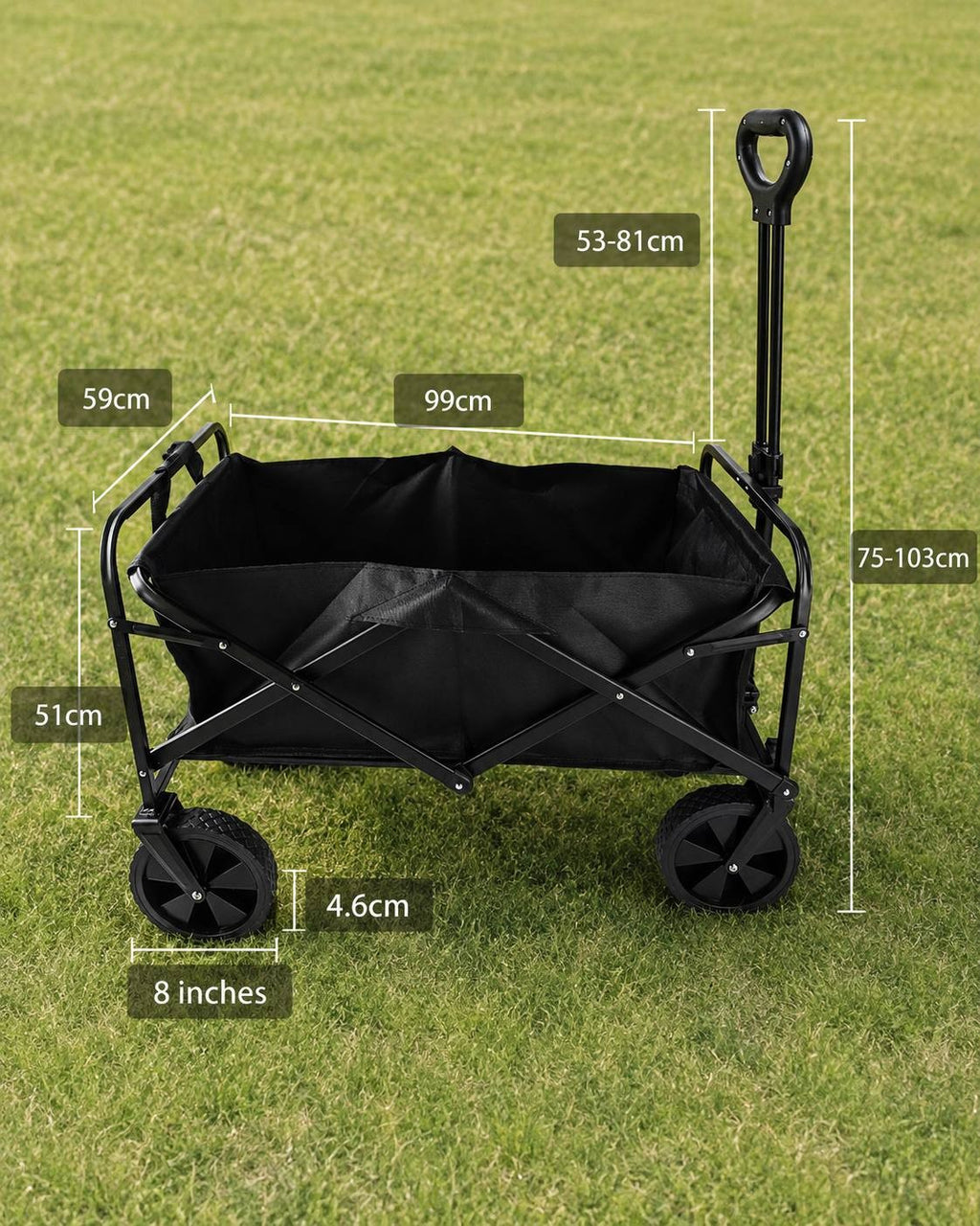Black folding utility wagon on grass with superimposed measurement lines and dimension numbers showing length, width, height, and wheel size.