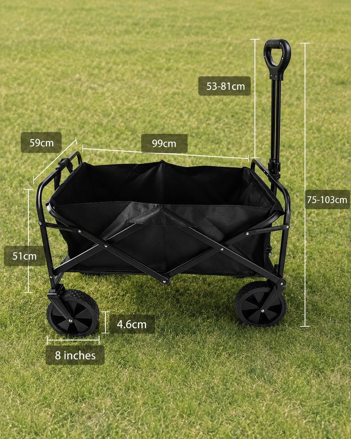 Black folding utility wagon on grass with superimposed measurement lines and dimension numbers showing length, width, height, and wheel size.
