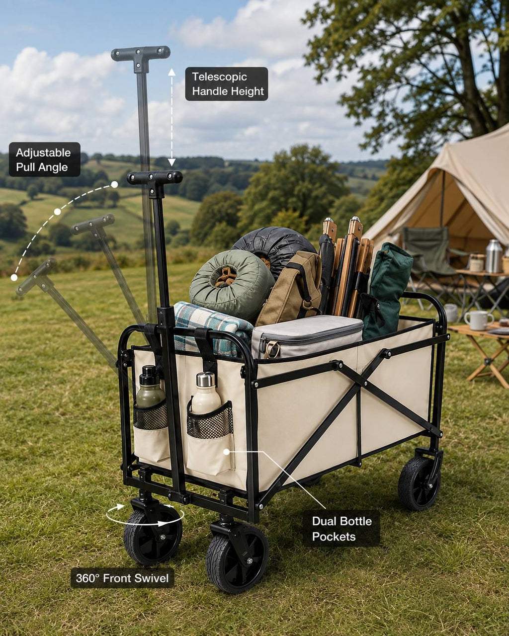Infographic highlighting key features of a beige folding utility wagon, including adjustable pull angle, telescopic handle height, dual bottle pockets, and 360-degree front swivel wheels.