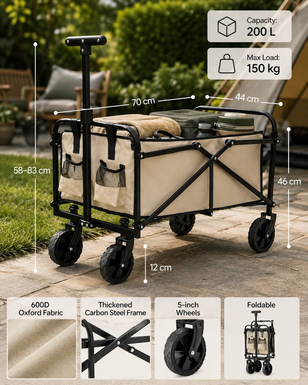 Infographic displaying technical specifications of a beige utility cart, including a 200 L capacity, 150 kg max load, dimensions of 70 cm length, 44 cm width, height indicators, 600D oxford fabric, carbon steel frame, and 5-inch wheels.