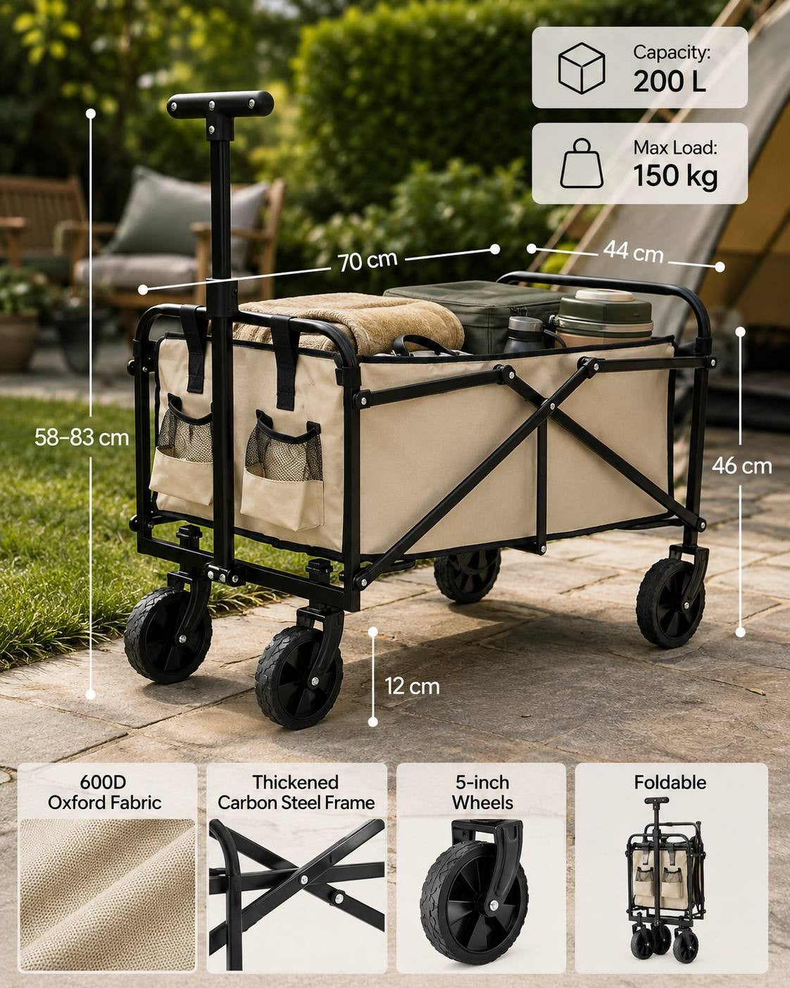 Infographic displaying technical specifications of a beige utility cart, including a 200 L capacity, 150 kg max load, dimensions of 70 cm length, 44 cm width, height indicators, 600D oxford fabric, carbon steel frame, and 5-inch wheels.