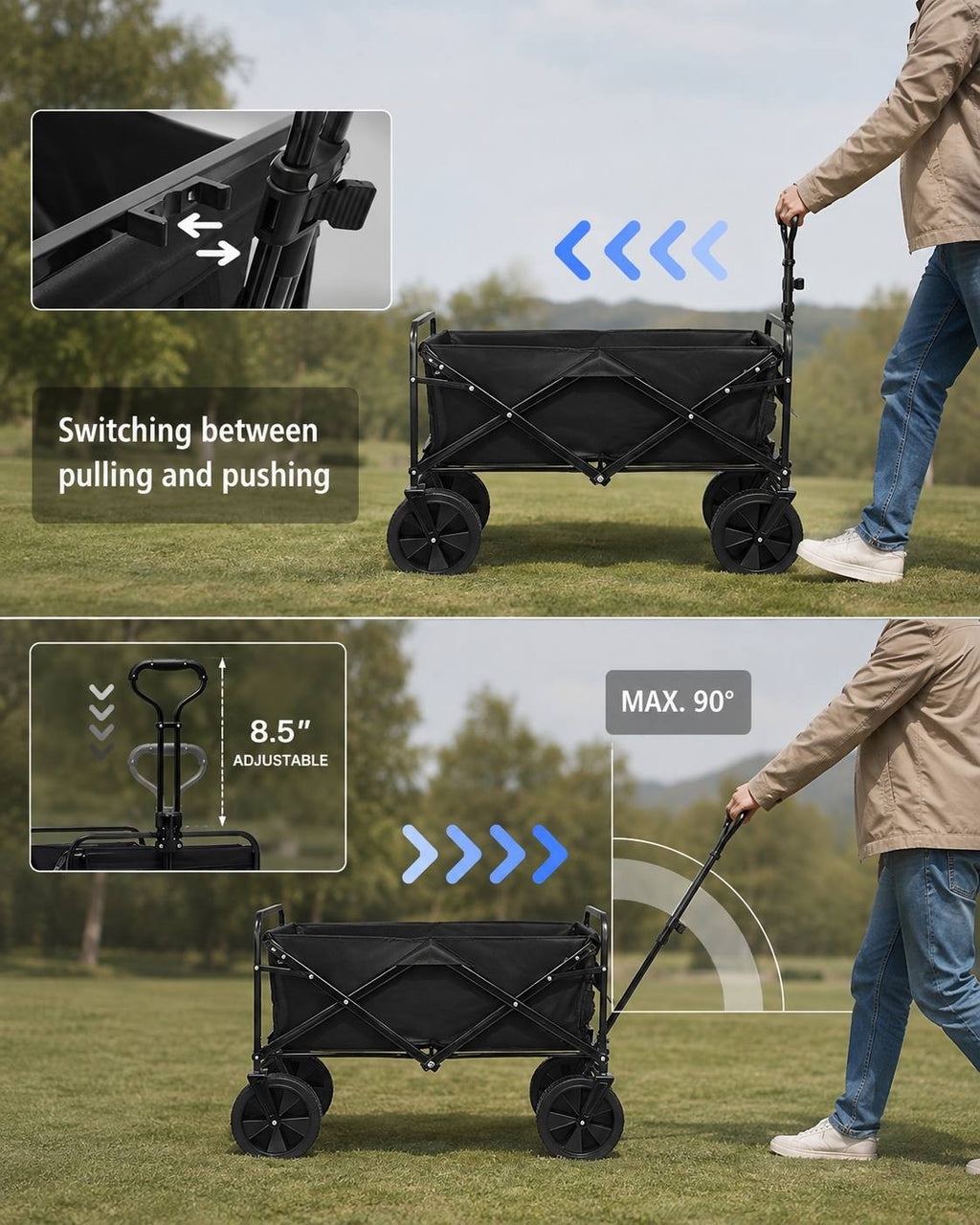 Person demonstrating how to switch the handle of a black utility wagon between pulling and pushing modes with adjustable angle.