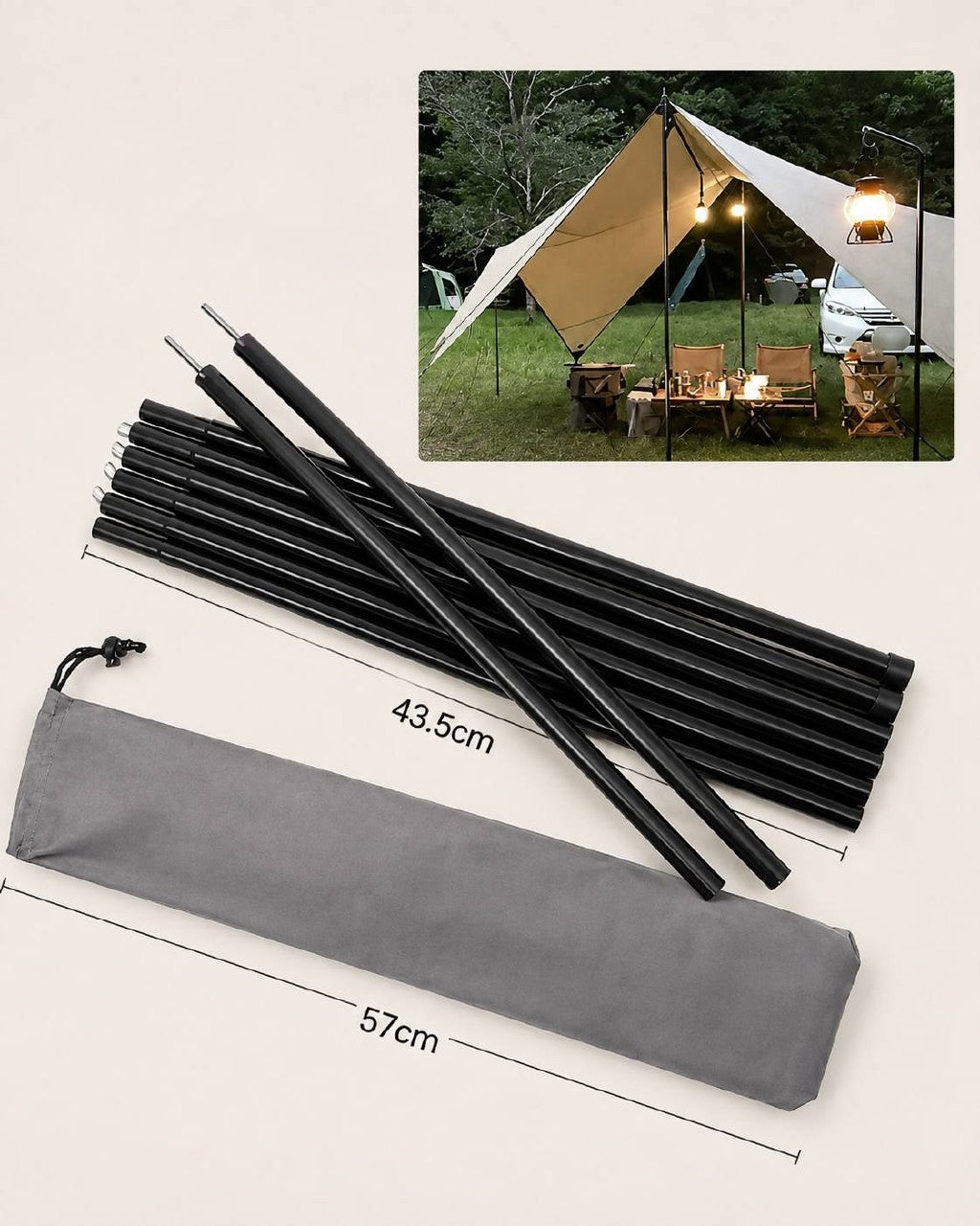 Product photo showing disassembled black camping poles with dimension indicators for section length (43.5 cm) and storage bag length (57 cm), with a campsite setup image in the background.