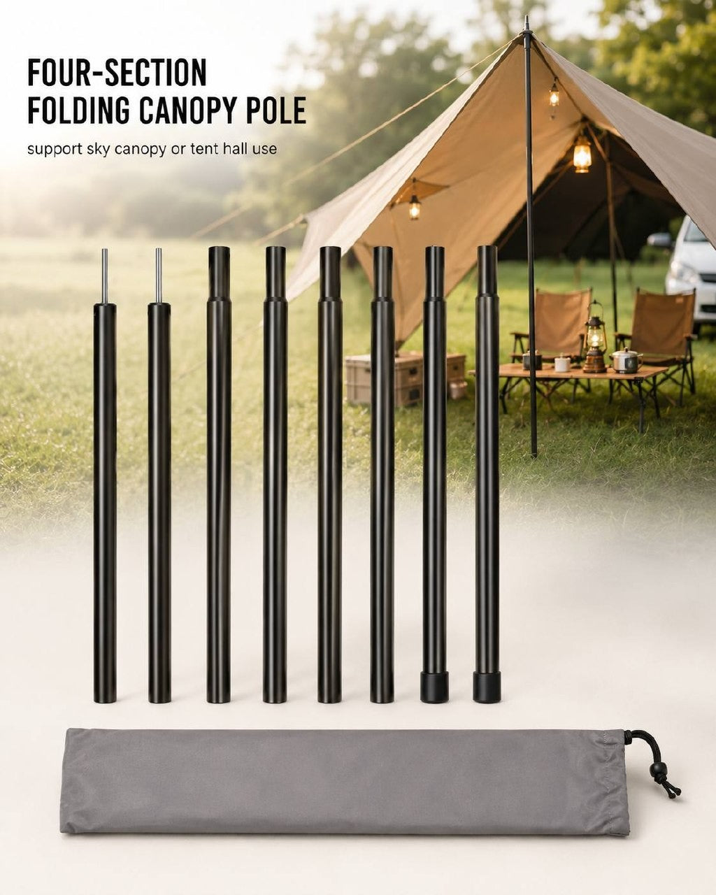 Promotional image showing a set of four-section folding canopy poles laid out with a grey storage bag, featuring a campsite setup with a tarp shelter in the background.
