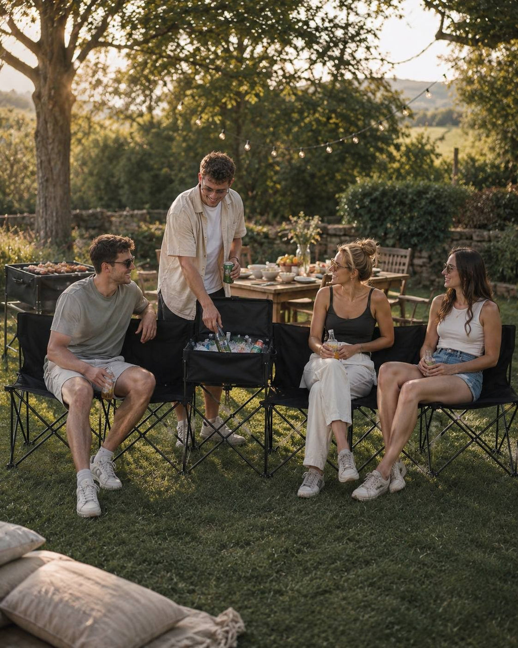 Four friends sitting on black folding outdoor benches with a built-in central cooler table in a backyard during evening time, with string lights and a barbecue grill nearby.