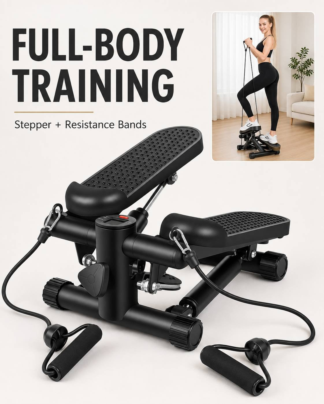 A compact black exercise stepper with textured non-slip pedals and resistance bands with foam handles, accompanied by an inset photo of a woman working out with the stepper in a bright room.