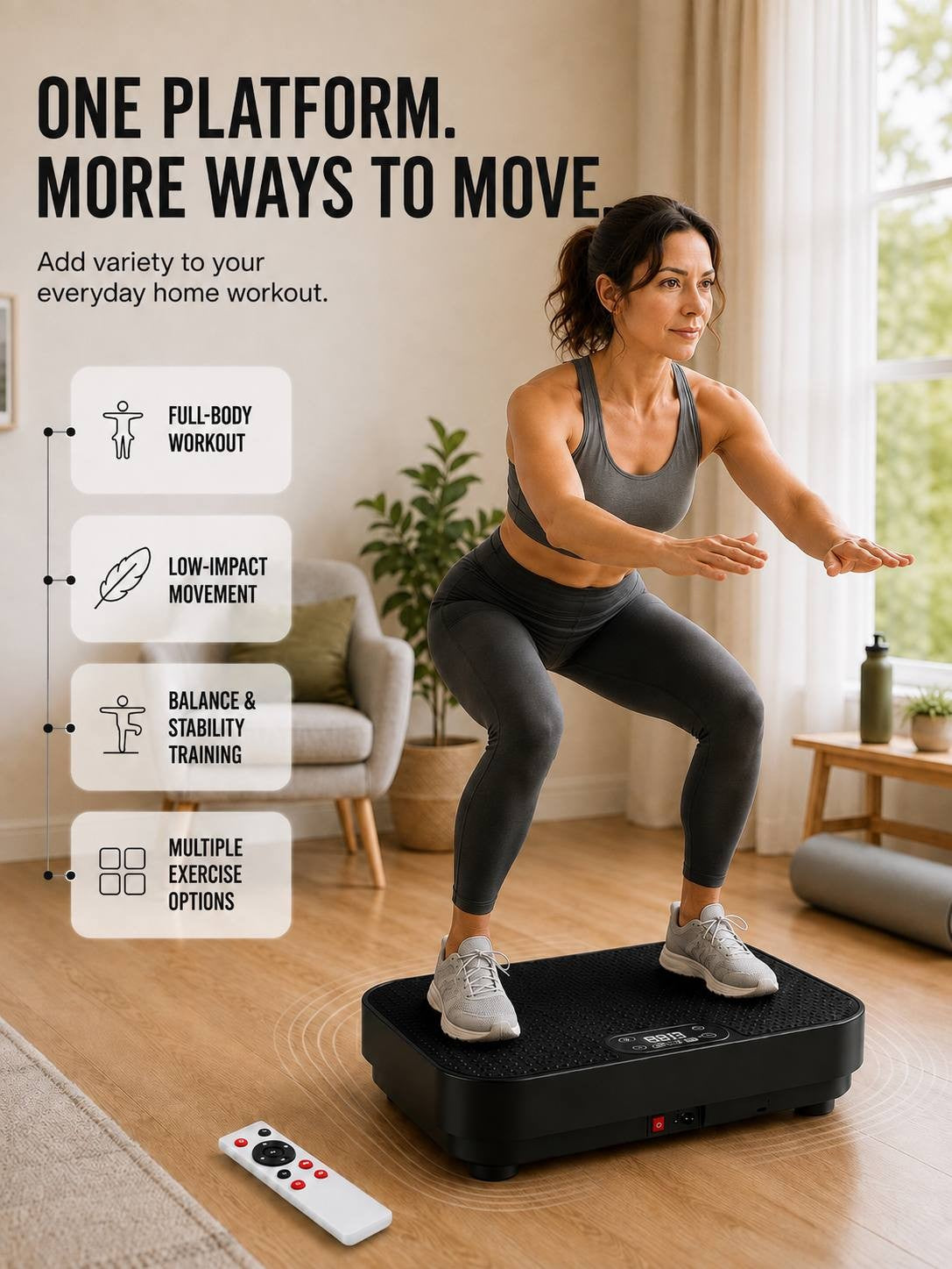 A woman performing a deep squat exercise on a black vibration platform in her living room, featuring info-cards on the side detailing benefits like a full-body workout, low-impact movement, balance and stability training, and multiple exercise options.