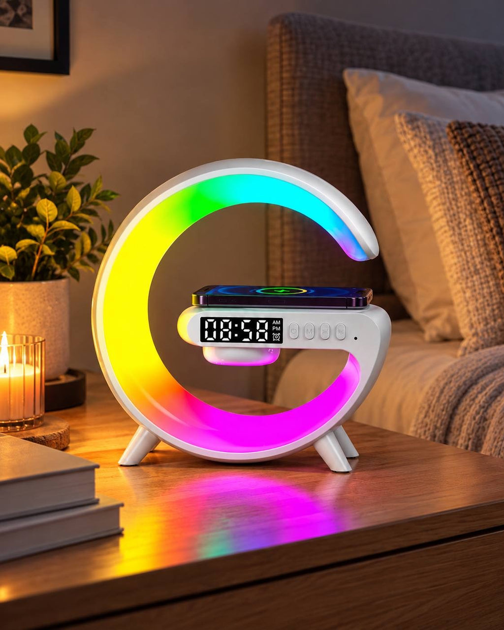 G-shaped smart ambient atmosphere table lamp glowing with dynamic multi-color RGB lighting while wirelessly charging a smartphone on the center platform.