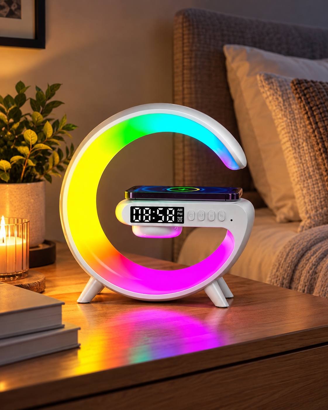 G-shaped smart ambient atmosphere table lamp glowing with dynamic multi-color RGB lighting while wirelessly charging a smartphone on the center platform.