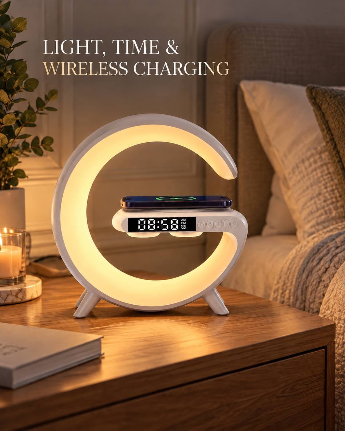 Product view of a G-shaped white smart LED night light lamp on a wooden bedside table, displaying soft warm light, a digital clock, and an iPhone charging on its built-in wireless charging pad