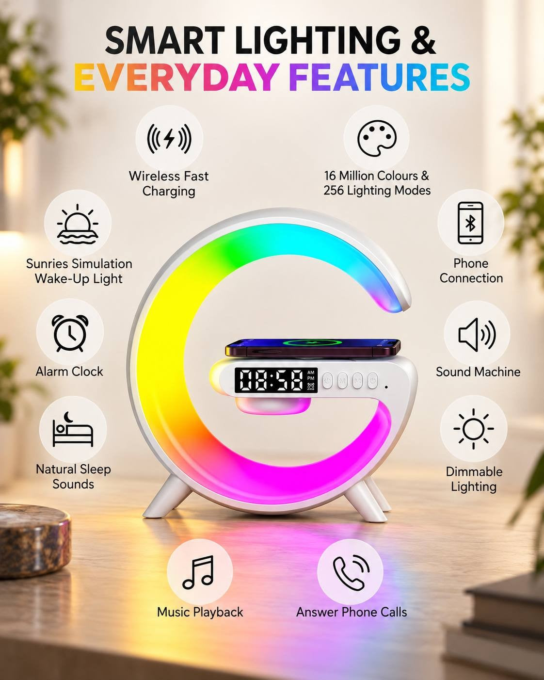 Infographic showcasing smart lighting and everyday features of the G-shaped night light including wireless charging, sunrise simulation, phone call answering, and 256 lighting modes.
