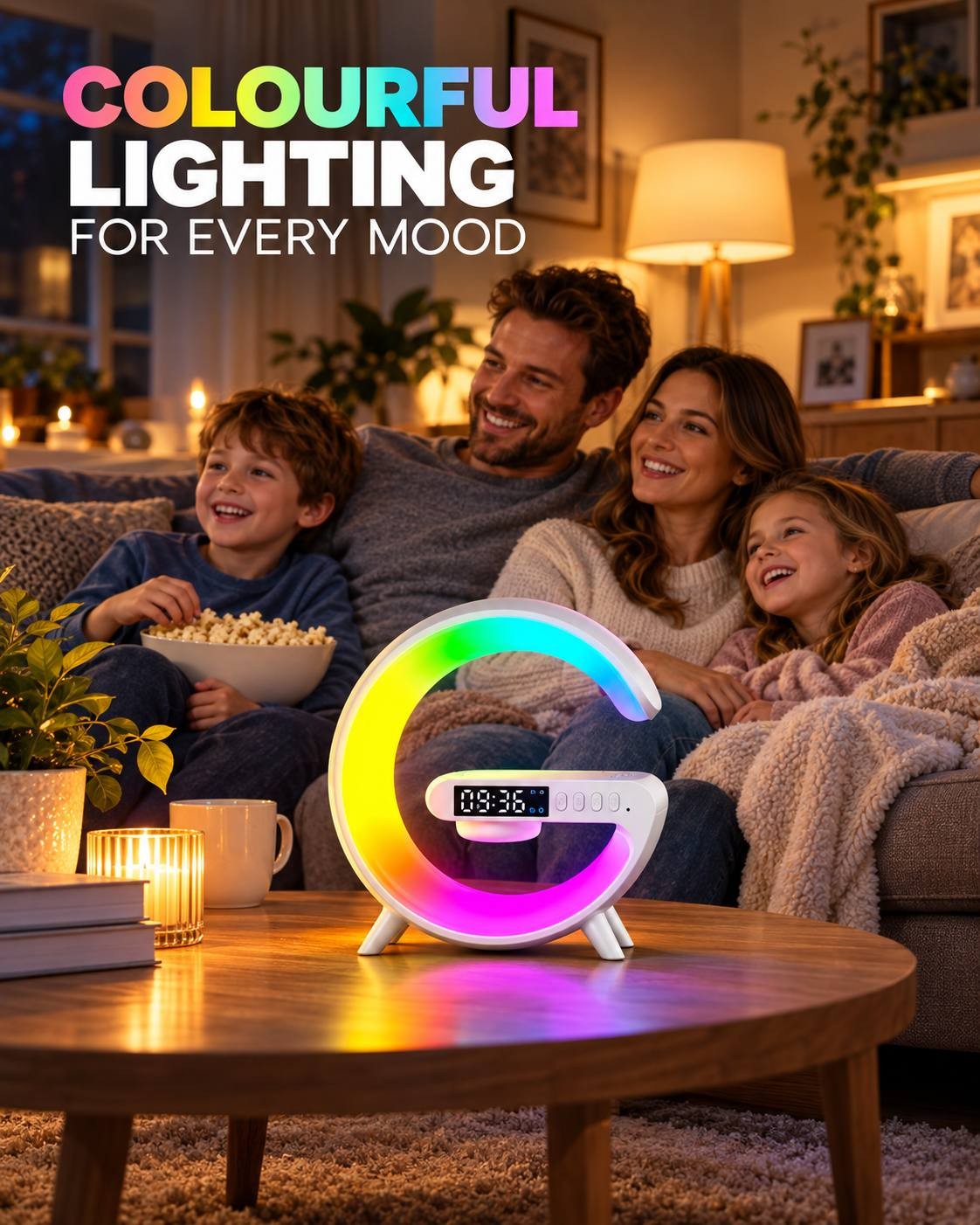 Family sitting on a sofa watching movies while the G-shaped smart RGB lamp provides colorful atmospheric lighting on the coffee table.