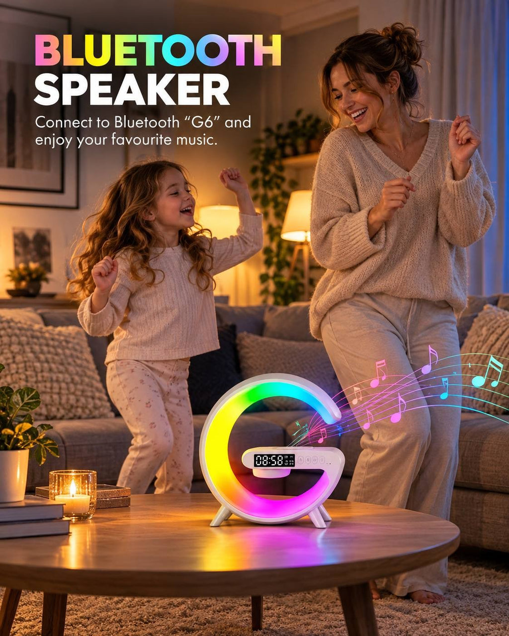 Happy mother and daughter dancing to music playing from a G-shaped white smart table lamp with a built-in G6 Bluetooth speaker and RGB lighting. 
