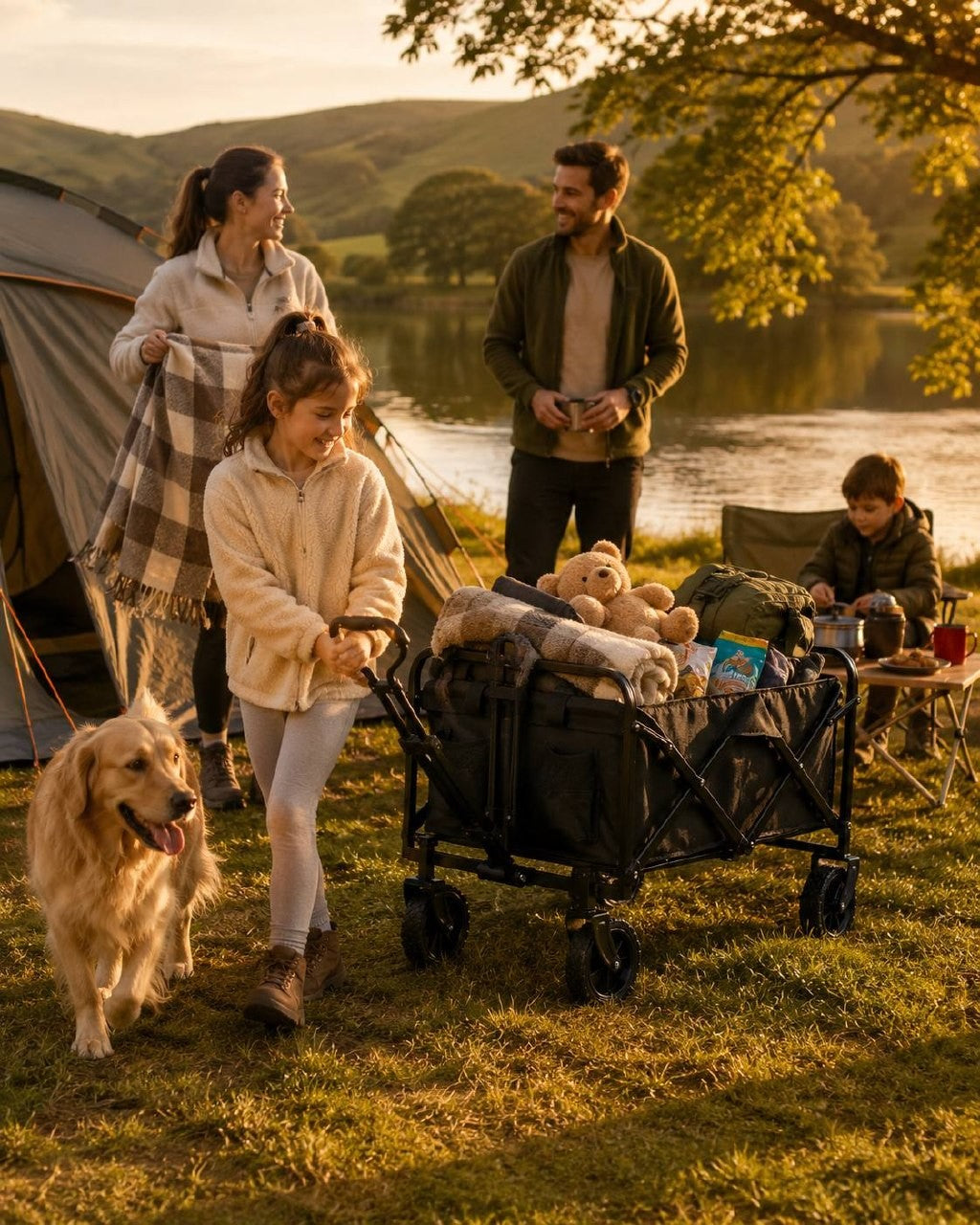 Young girl pulling a black folding utility wagon filled with blankets and a teddy bear near a tent and lake with family in the background.