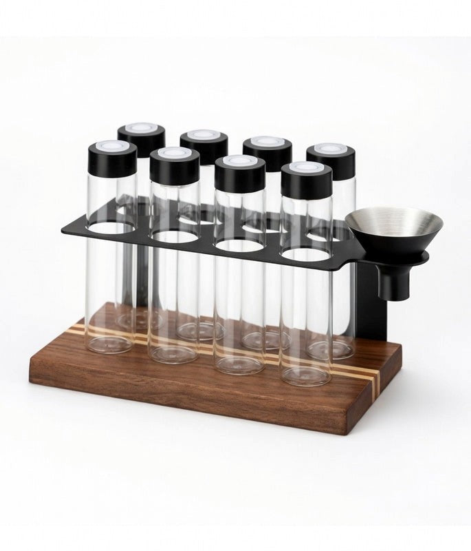 glass-coffee-bean-storage-set-8-vials-wood-base-dosing-funnel