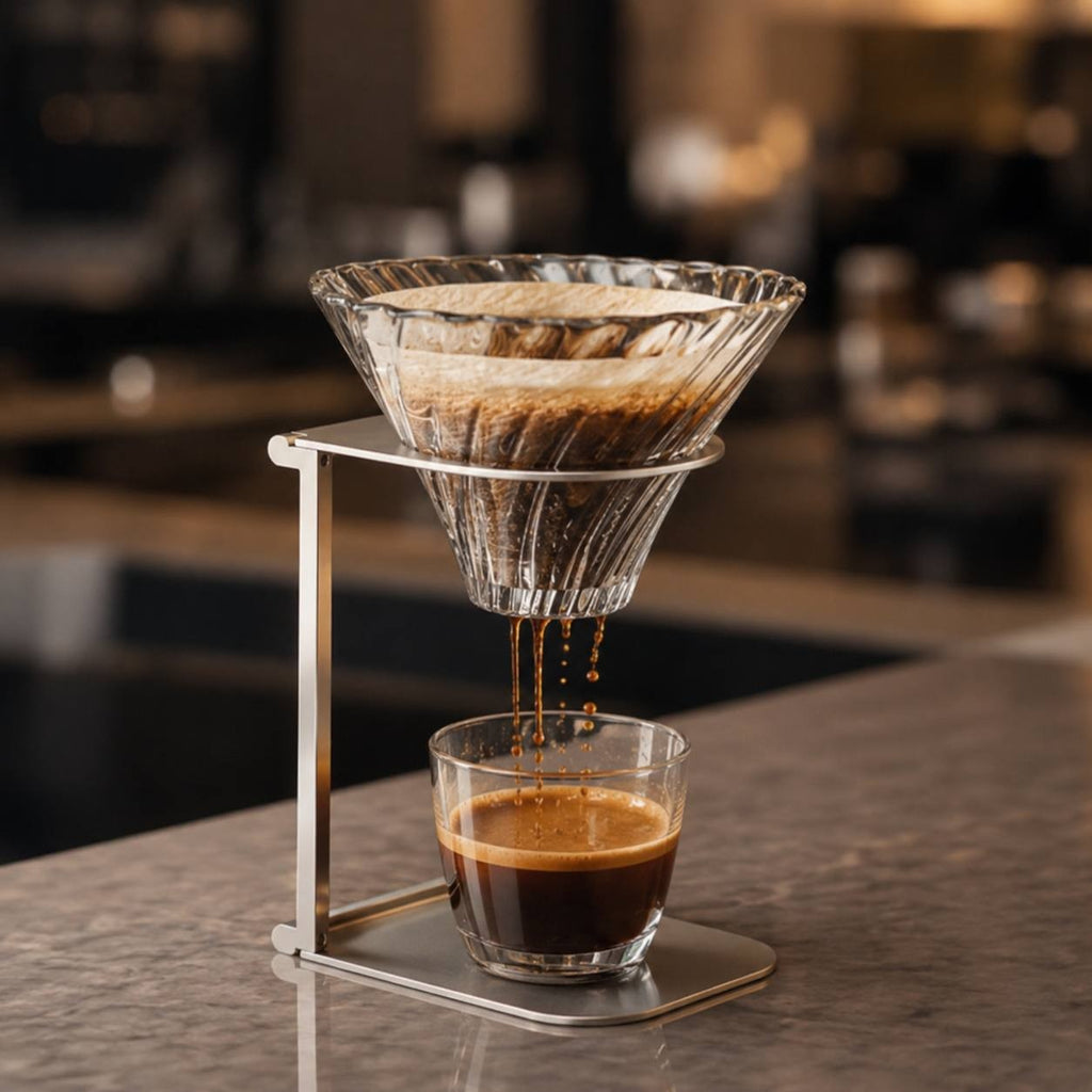 Clear glass V60 coffee dripper mounted on a sleek silver metal stand brewing pour-over coffee into a glass